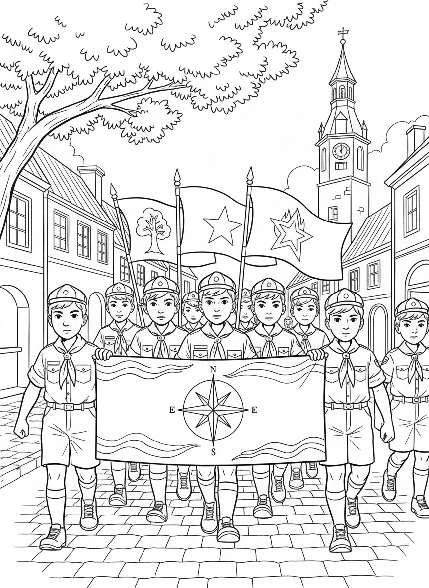 A group of young scouts marching together in uniform, carrying a large banner and flags, proudly participating in the parade.