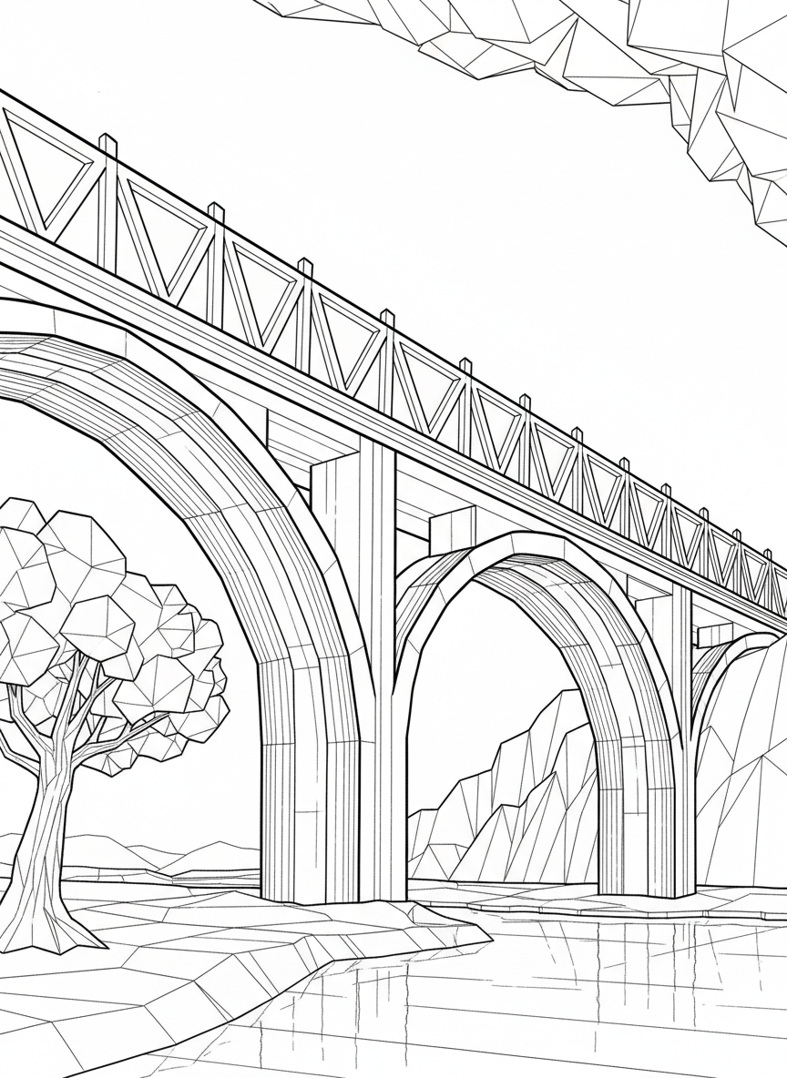 An origami bridge with supporting arches underneath, geometric railings, and paper-fold details showing the structure's engineering.