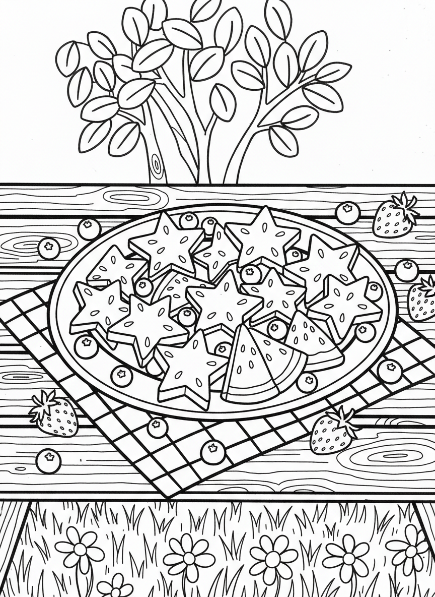 A watermelon cut into star shapes arranged on a platter, surrounded by strawberries and blueberries on a picnic table.