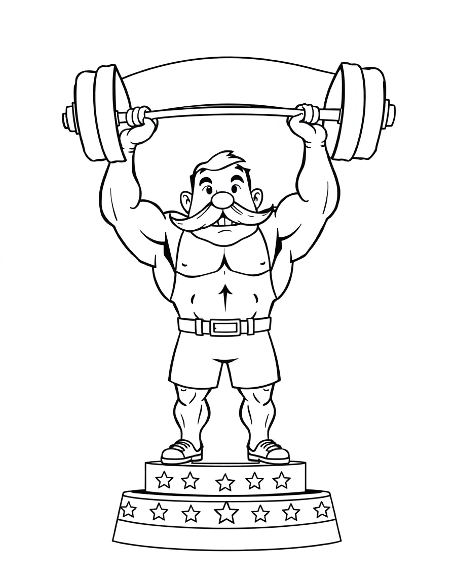 A strongman with a comical handlebar mustache, flexing his muscles as he triumphantly lifts an enormous barbell high above his head. He stands on a small platform adorned with stars, with a banner behind him announcing his incredible feat.