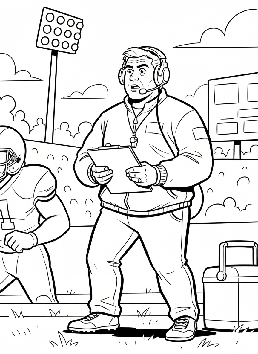 A football coach on the sideline with a clipboard and headset, watching the opening kickoff intently, whistle around neck.