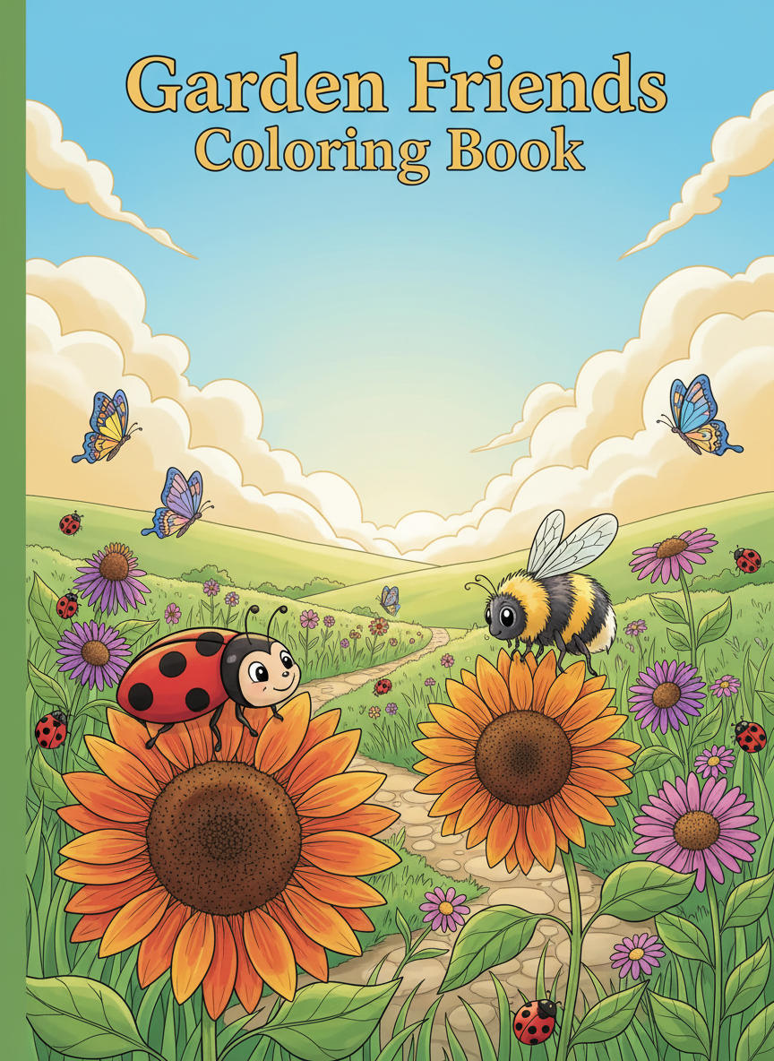 Garden friends coloring book cover, full-color illustration with butterflies, bees, ladybugs, and sunflowers in a sunny meadow. Title-safe area at top.