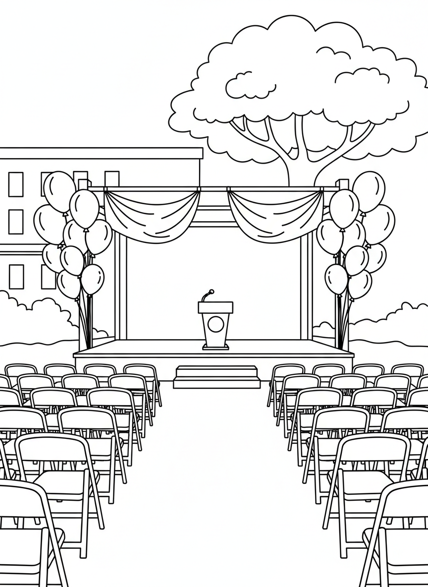 A graduation ceremony scene with rows of empty chairs and a decorated stage with balloons, banners, and a podium ready for speeches.