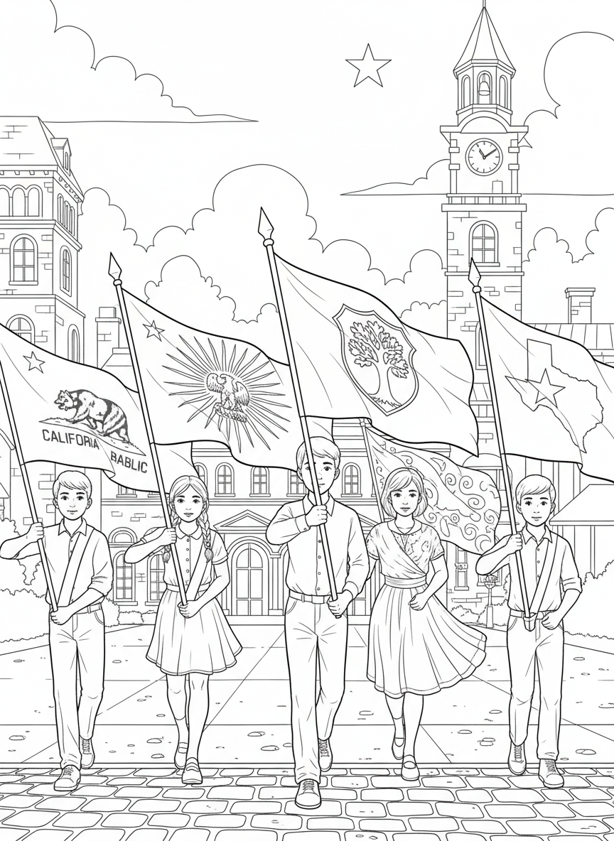 A group of young flag bearers holding different state and decorative flags while marching in a line.