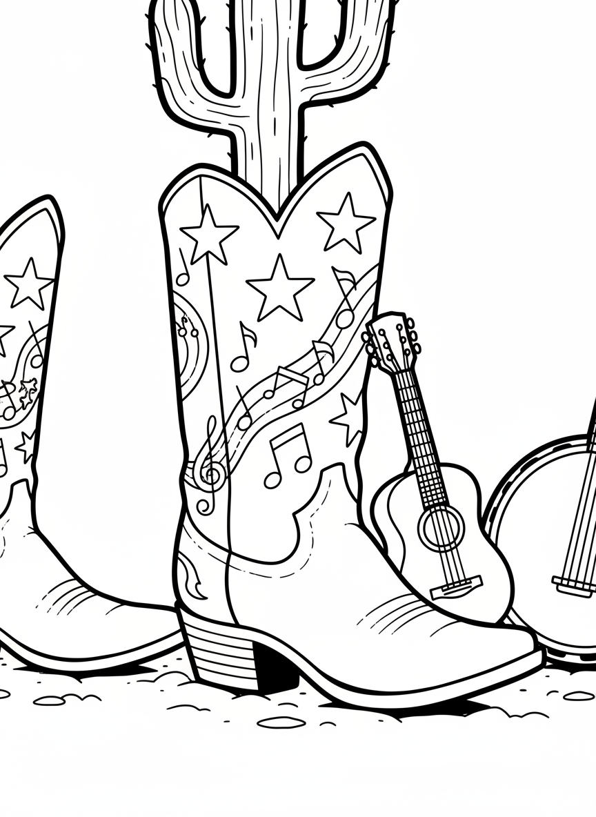 A cheerful cowboy boot decorated with stars and music notes, with a small guitar leaning against it.