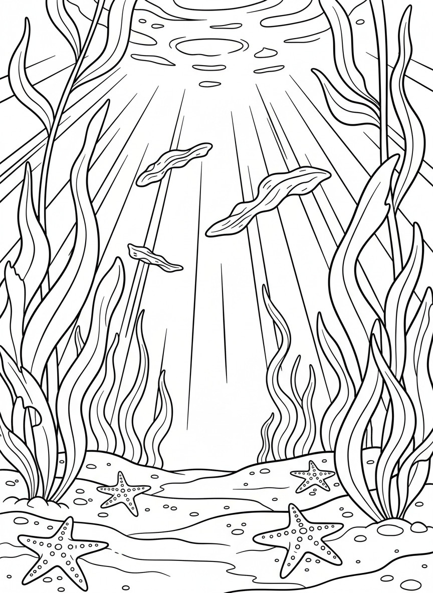Kelp forest clearing with a sunlit sandy bottom, sea stars scattered around kelp bases, and floating kelp debris above