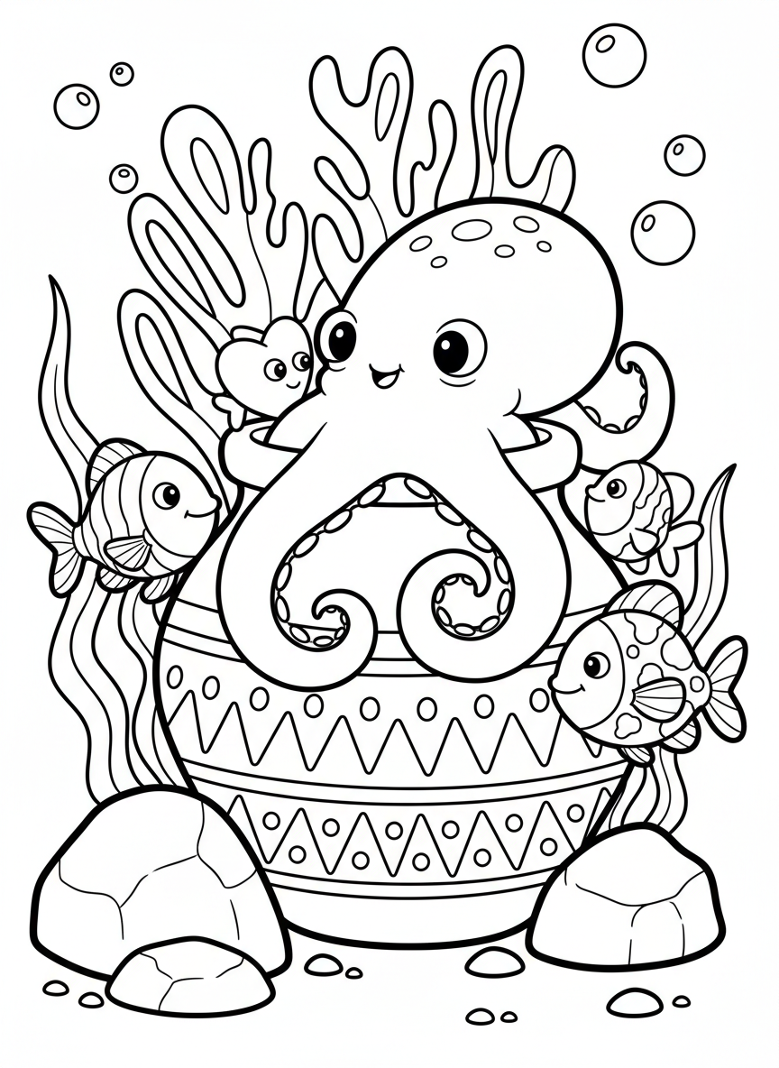 An octopus hiding in a decorated clay pot with fish friends peeking around, playful aquarium scene