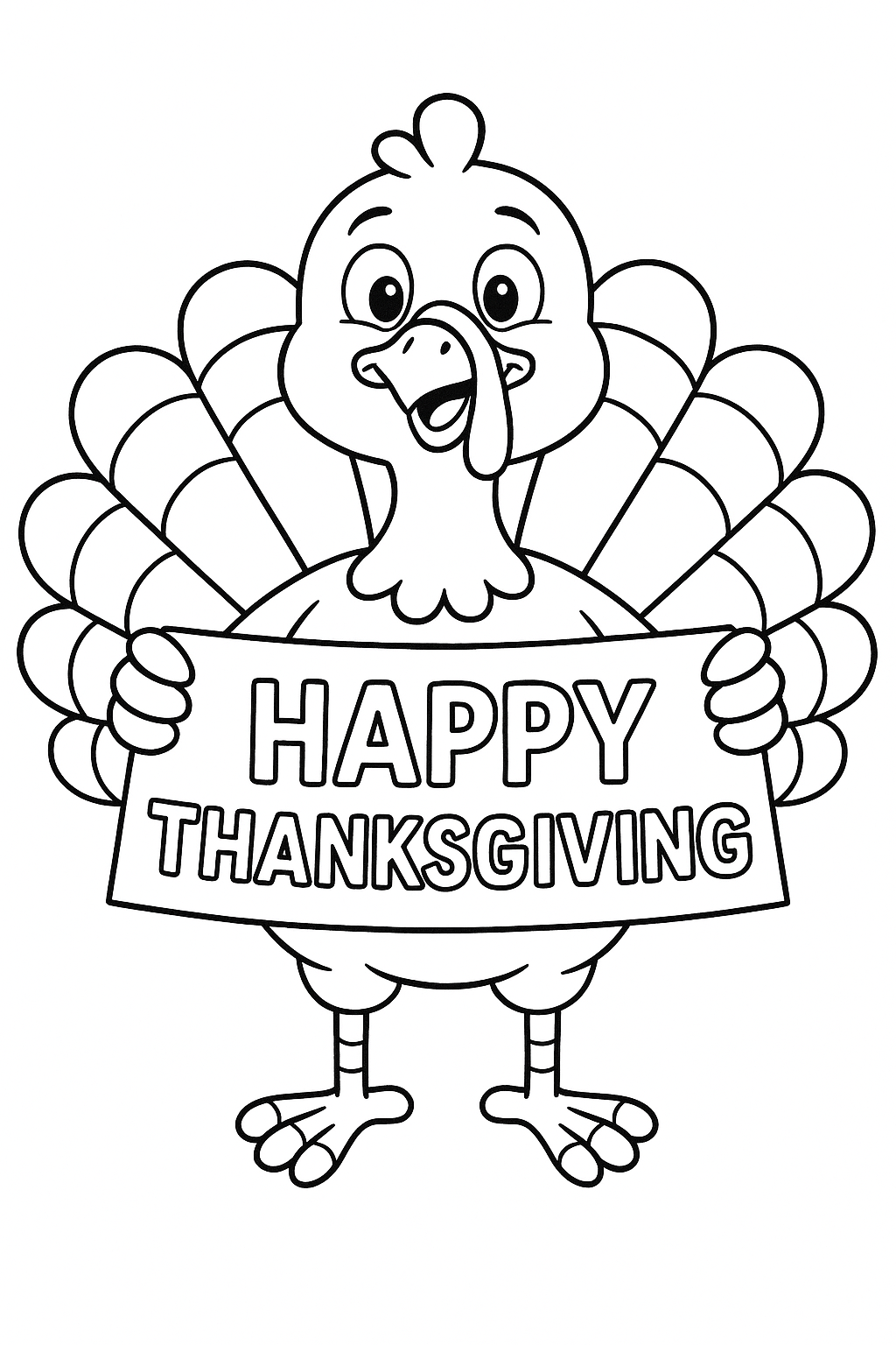 Smiling turkey with feathers fanned, holding a ‘Happy Thanksgiving’ banner, coloring sheet”