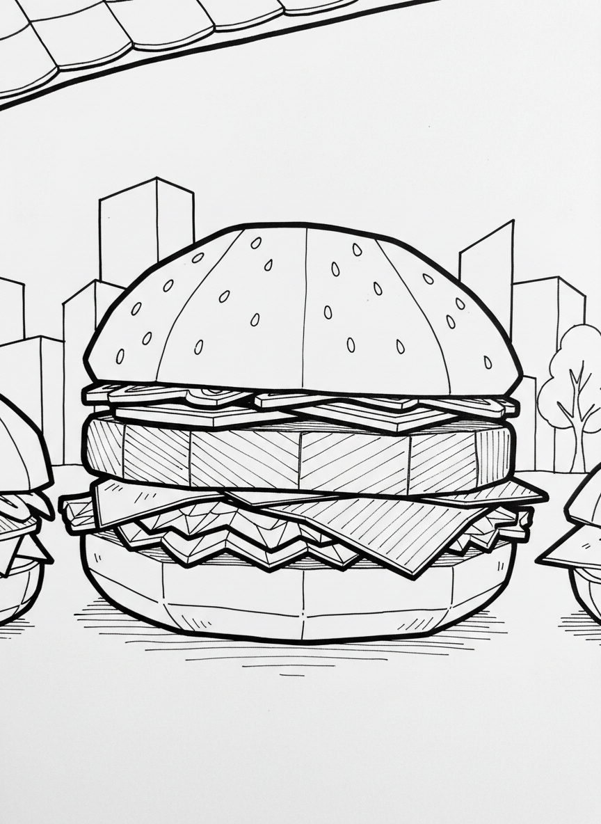 An origami hamburger showing layered geometric shapes for bun, patty, lettuce, and cheese, all with visible fold lines and angular edges.
