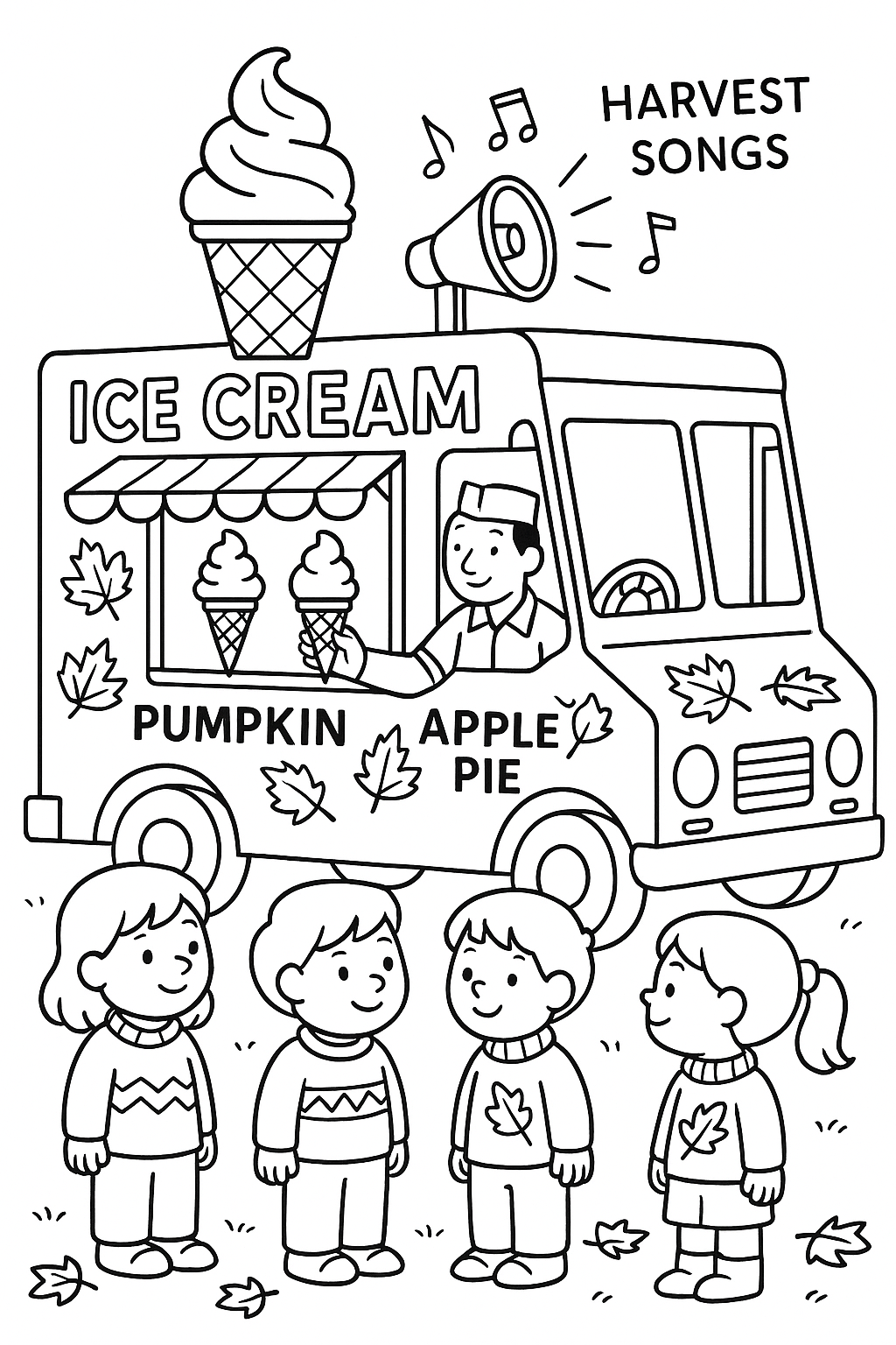 Ice cream truck reimagined for fall, serving pumpkin and apple pie flavored cones, leaves painted on sides, speaker playing harvest songs, kids lined up with autumn sweaters