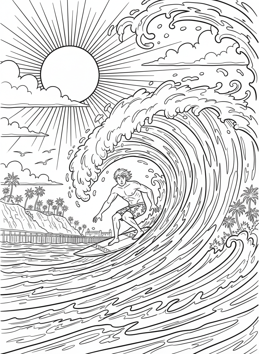 A surfer riding a wave at Malibu Beach with seagulls flying overhead and the sun shining