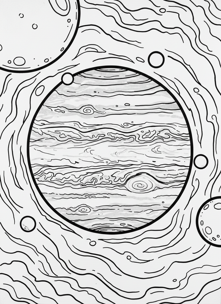 Jupiter with its Great Red Spot clearly visible, several of its moons orbiting around it, swirling cloud patterns on the surface