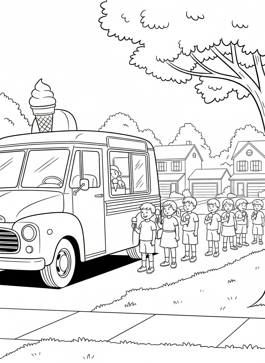 An ice cream truck parked on a neighborhood street with children lined up holding cones and popsicles