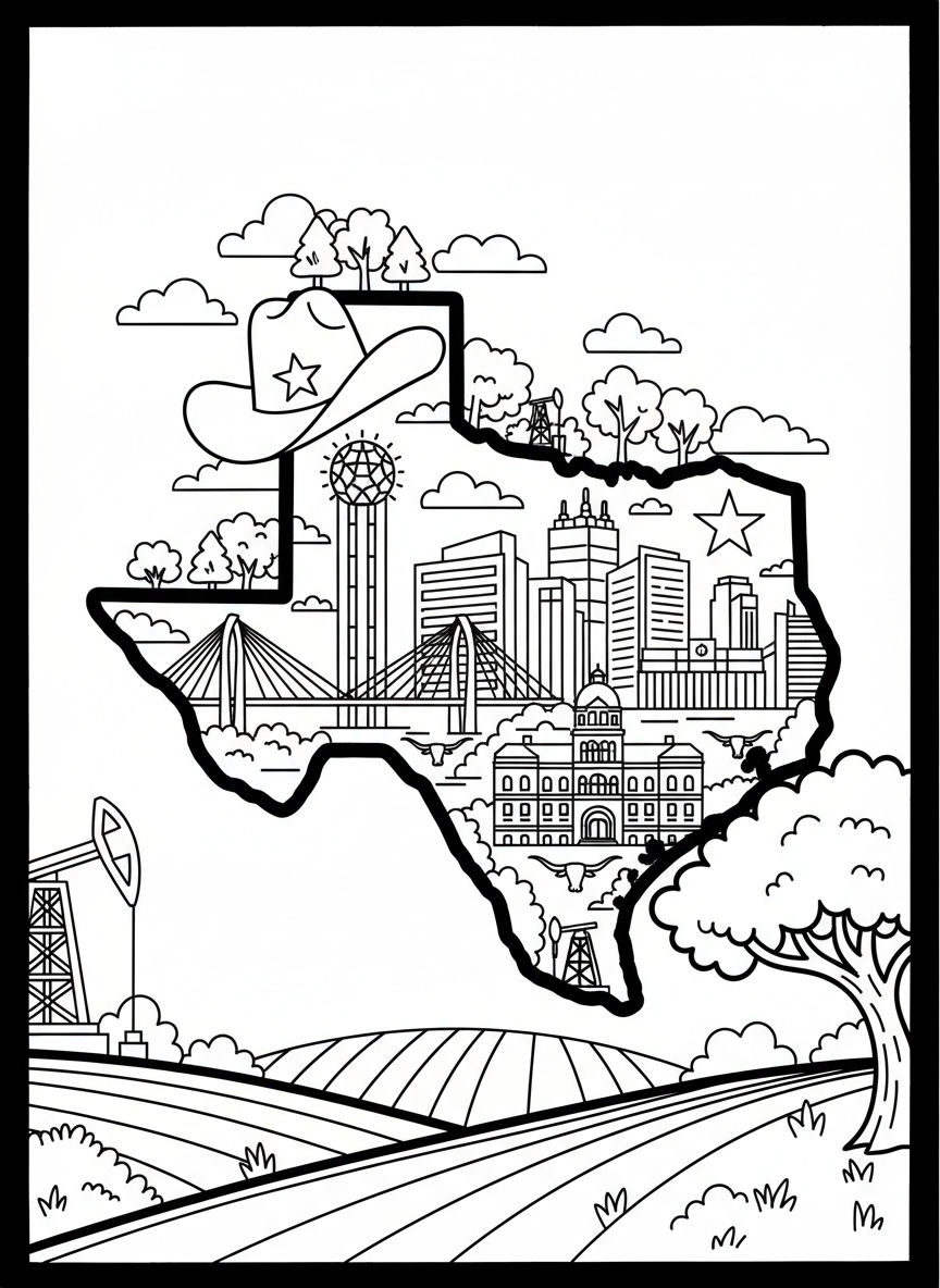Texas state outline filled with Dallas landmarks including a cowboy hat, star, and small buildings, patriotic coloring page design