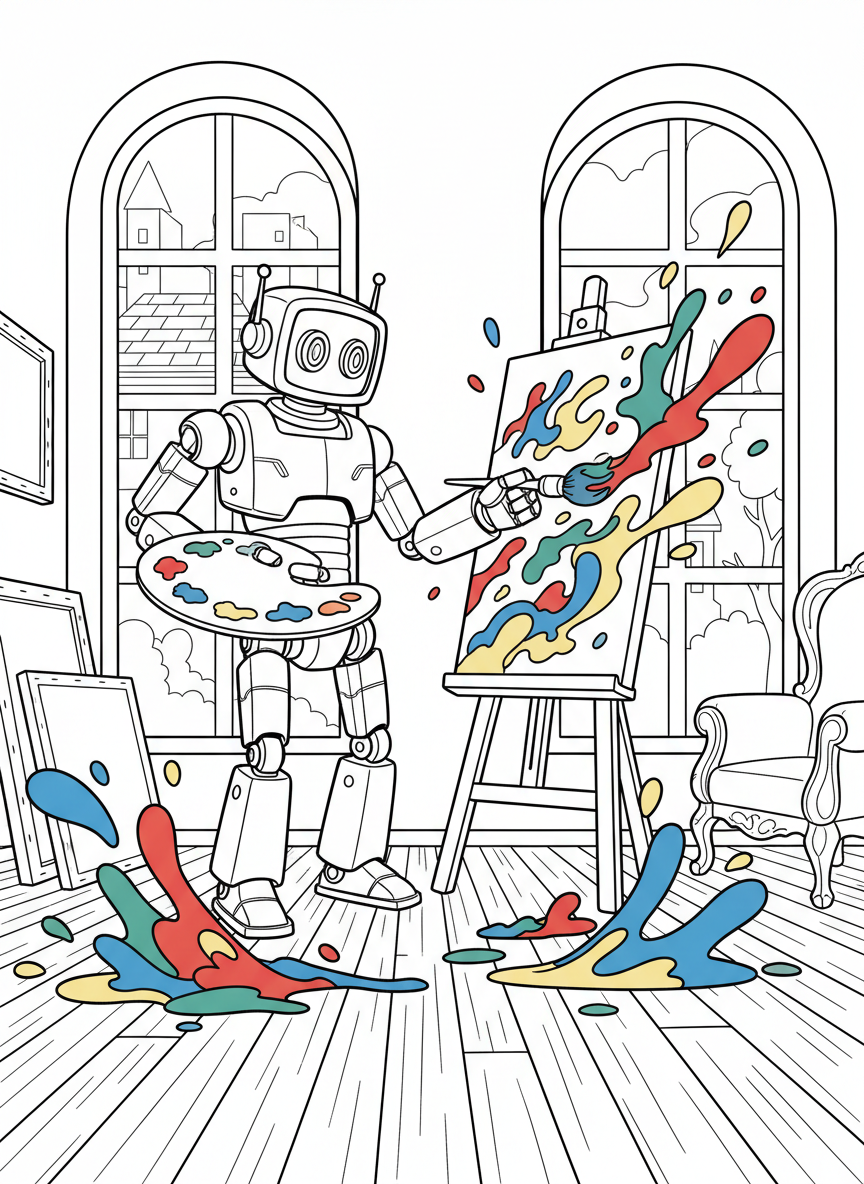 A robot artist painting on an easel in an art studio, holding a palette and brush with colorful paint splatters around.