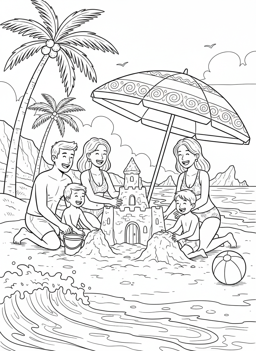 A happy family building a sandcastle on a San Diego beach with palm trees, beach umbrella, and ocean waves in the distance