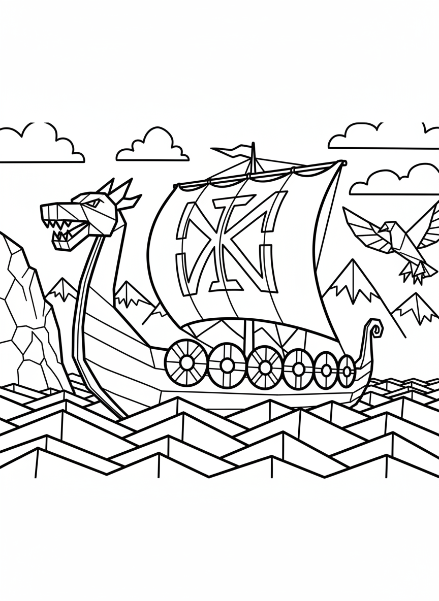 An origami Viking longship with angular shields along the sides, a dragon head prow, and rectangular sail, cruising through stylized waves.