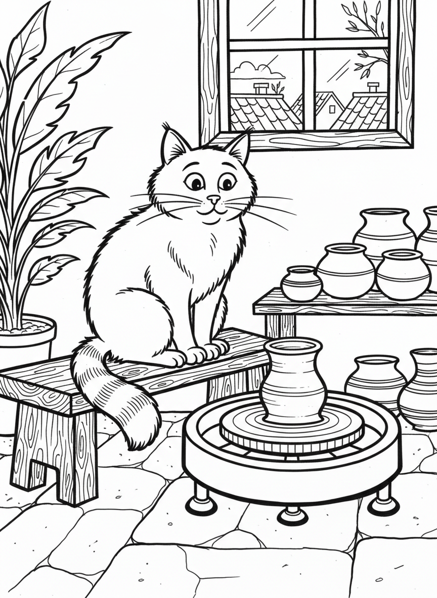 A whimsical scene of a cat sitting next to a pottery wheel, curiously watching a small pot being formed.