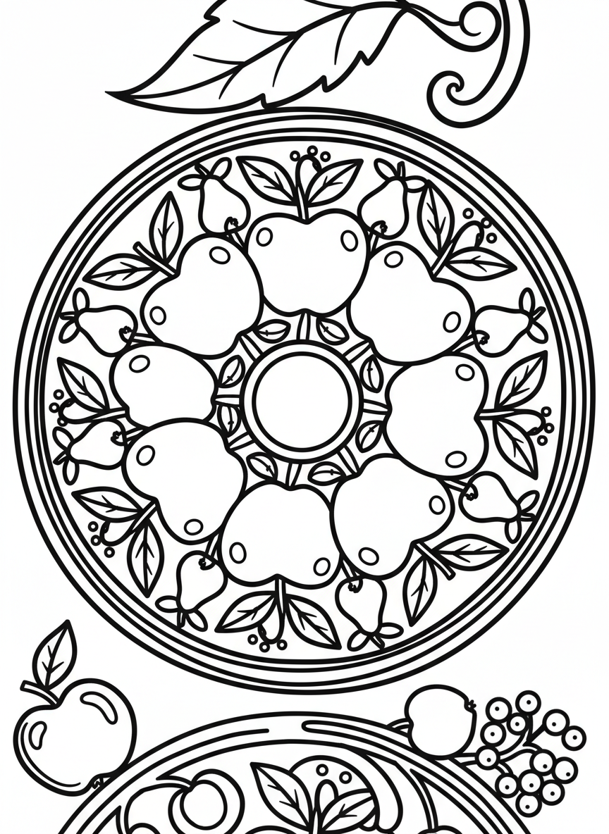 A simple mandala with large apple and fruit shapes arranged around the center, simple outlines and leaf details