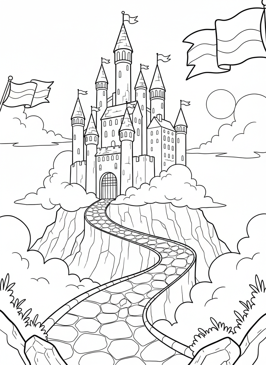 A grand castle with tall towers and flags sits on a hilltop surrounded by fluffy clouds and a winding path leading to the entrance.