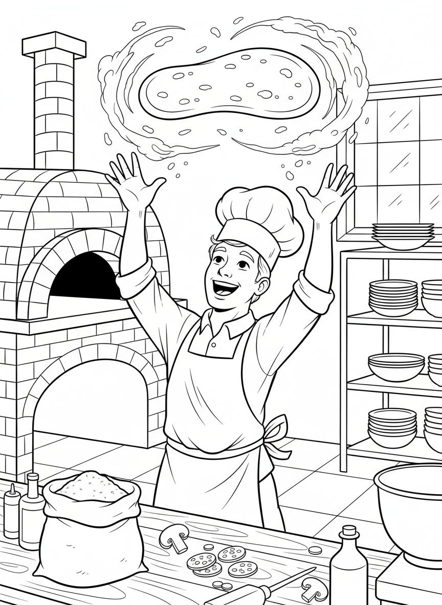 A pizza chef tossing spinning dough high in the air in a kitchen, with flour clouds around, medium detail coloring page