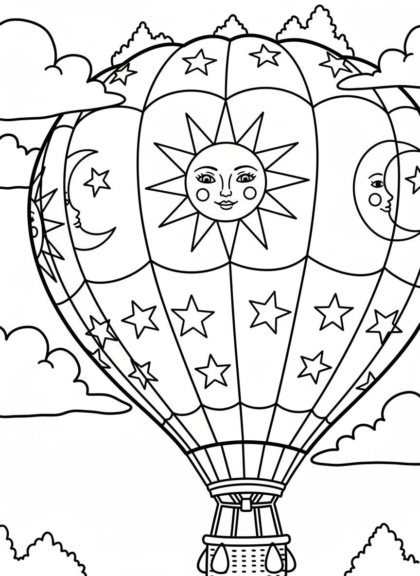 A close-up of a hot air balloon's envelope showing panels decorated with suns, moons, and stars.
