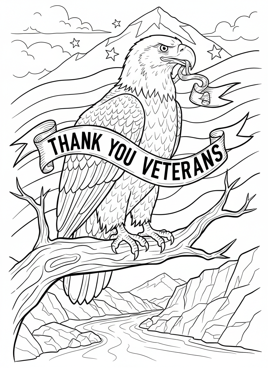 A majestic bald eagle perched on a branch holding a ribbon banner that says 'Thank You Veterans', clean outlines and patriotic theme