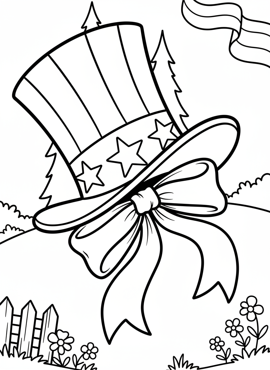 A cute cartoon Uncle Sam hat decorated with stars and stripes, shown at a slight angle with a bold ribbon.