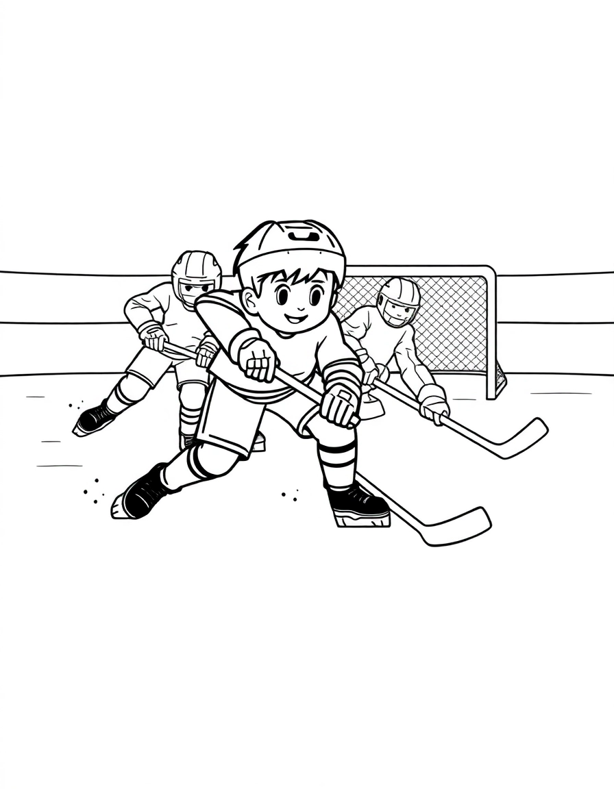 a young boy playing ice hockey , making defenders fall over, in motion to shoot on the goalie. in a icerink