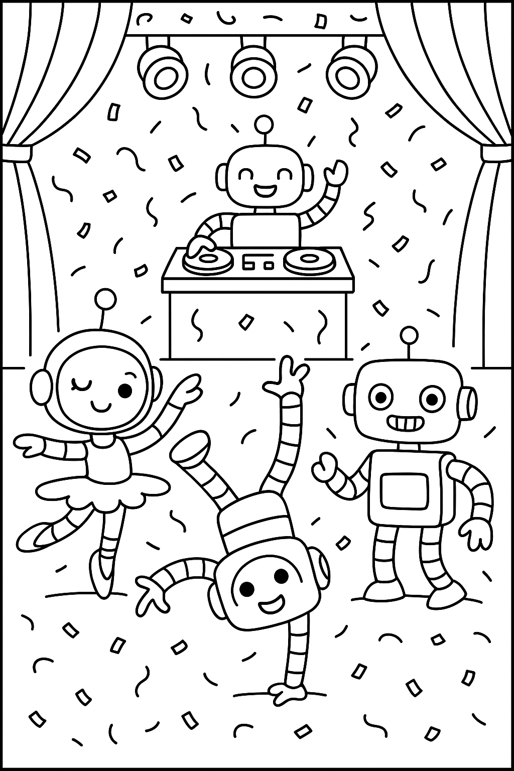 Happy robots at dance party: one doing ballet, one hip-hop, one doing the robot dance, stage with curtains and spotlights, confetti falling, DJ booth, thick bold line art, no fills, coloring sheet, cute mechanical characters