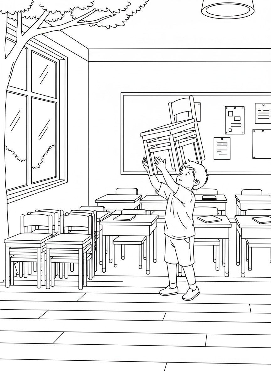 A child carefully stacking chairs at the end of the day, other chairs already neatly arranged, classroom desks in view