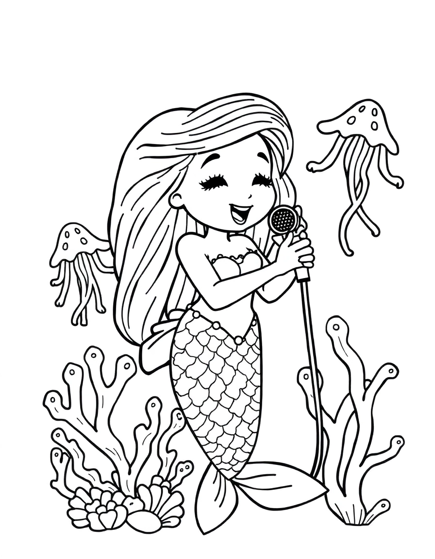 A mermaid singing with a microphone made of coral, jellyfish providing stage lights