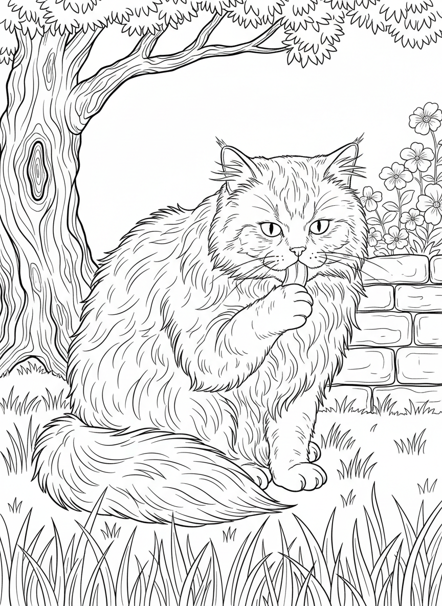 A fluffy Persian cat grooming itself with one paw raised, detailed fur texture shown through clean line work.