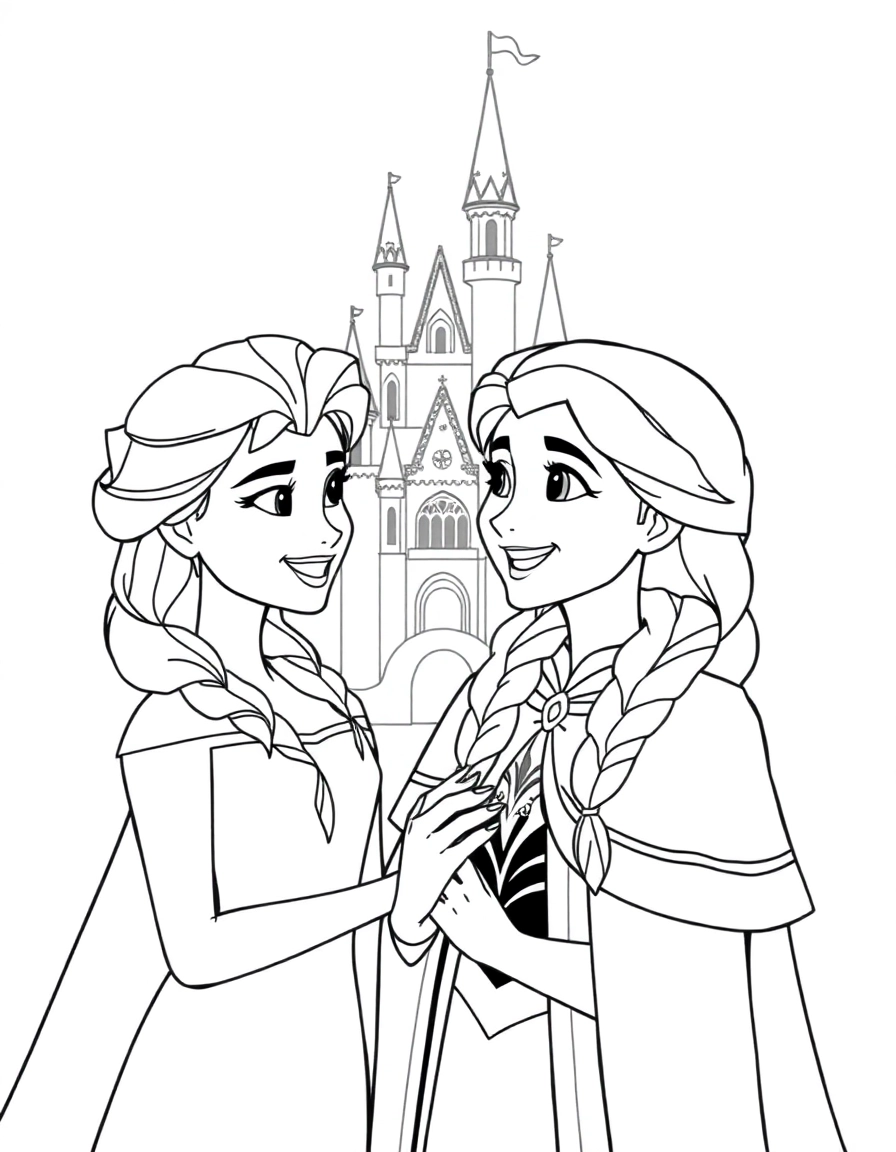 elsa and anna from frozen smiling at each other with a magical castle in the background