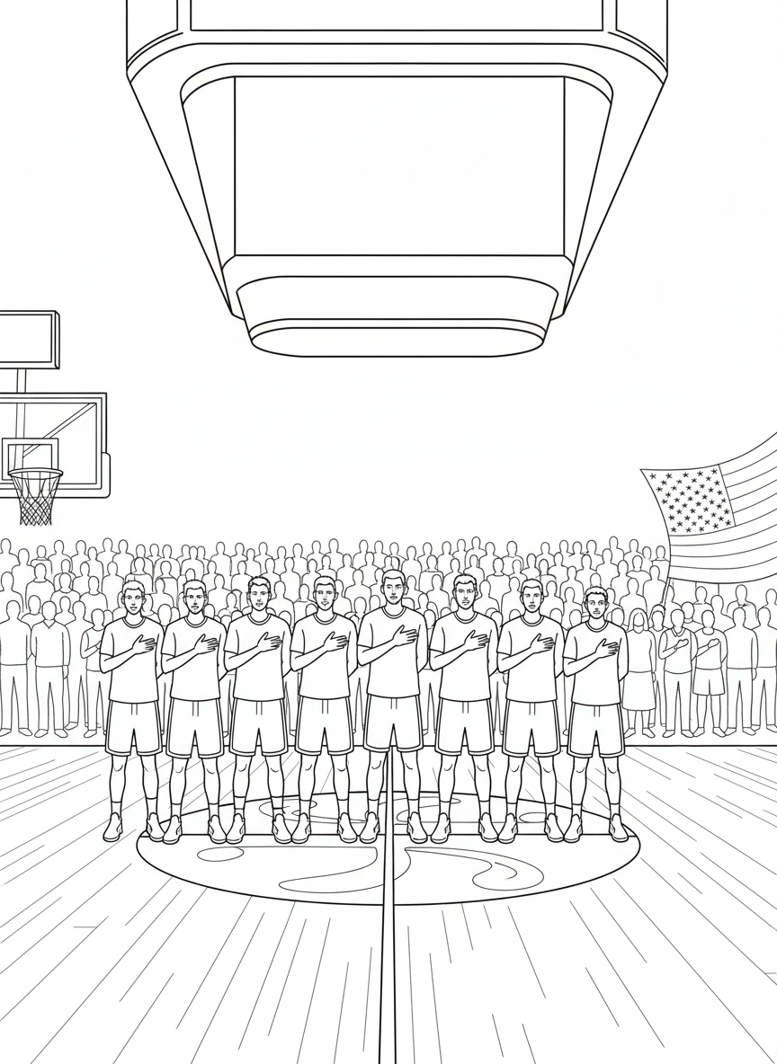 Basketball players lined up for the national anthem before the big championship game begins, standing respectfully.