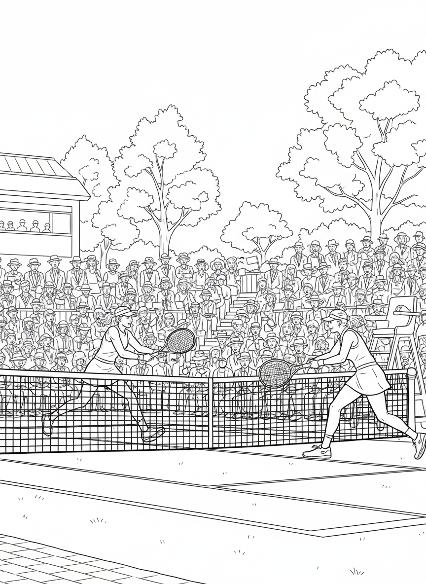 Wimbledon Finals coloring page prompts capturing tradition, grass courts, elegant crowds, and championship tennis drama.	A long rally unfolding on the pristine lawn, players sliding carefully as the crowd follows every shot in respectful silence.