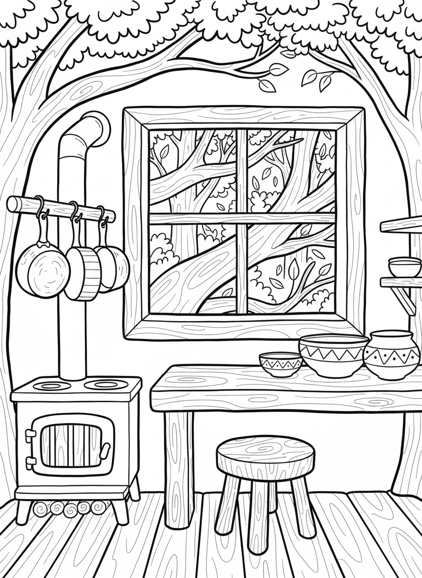A cozy treehouse kitchen with a small stove, hanging pots and pans, and a window overlooking forest branches. Simple line art with clear outlines.