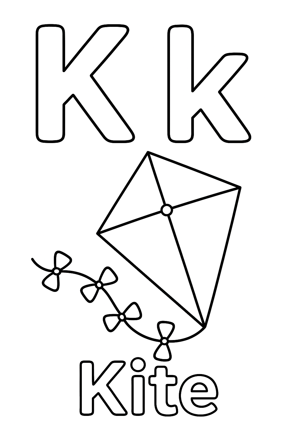 The uppercase letter “K” next to the lowercase letter “k”. With a kite image under the letters. Write out the object “Kite”.