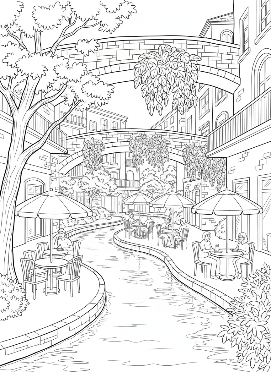 A detailed River Walk scene showing stone bridges, hanging plants, outdoor cafe tables with umbrellas, and a winding waterway, medium difficulty.