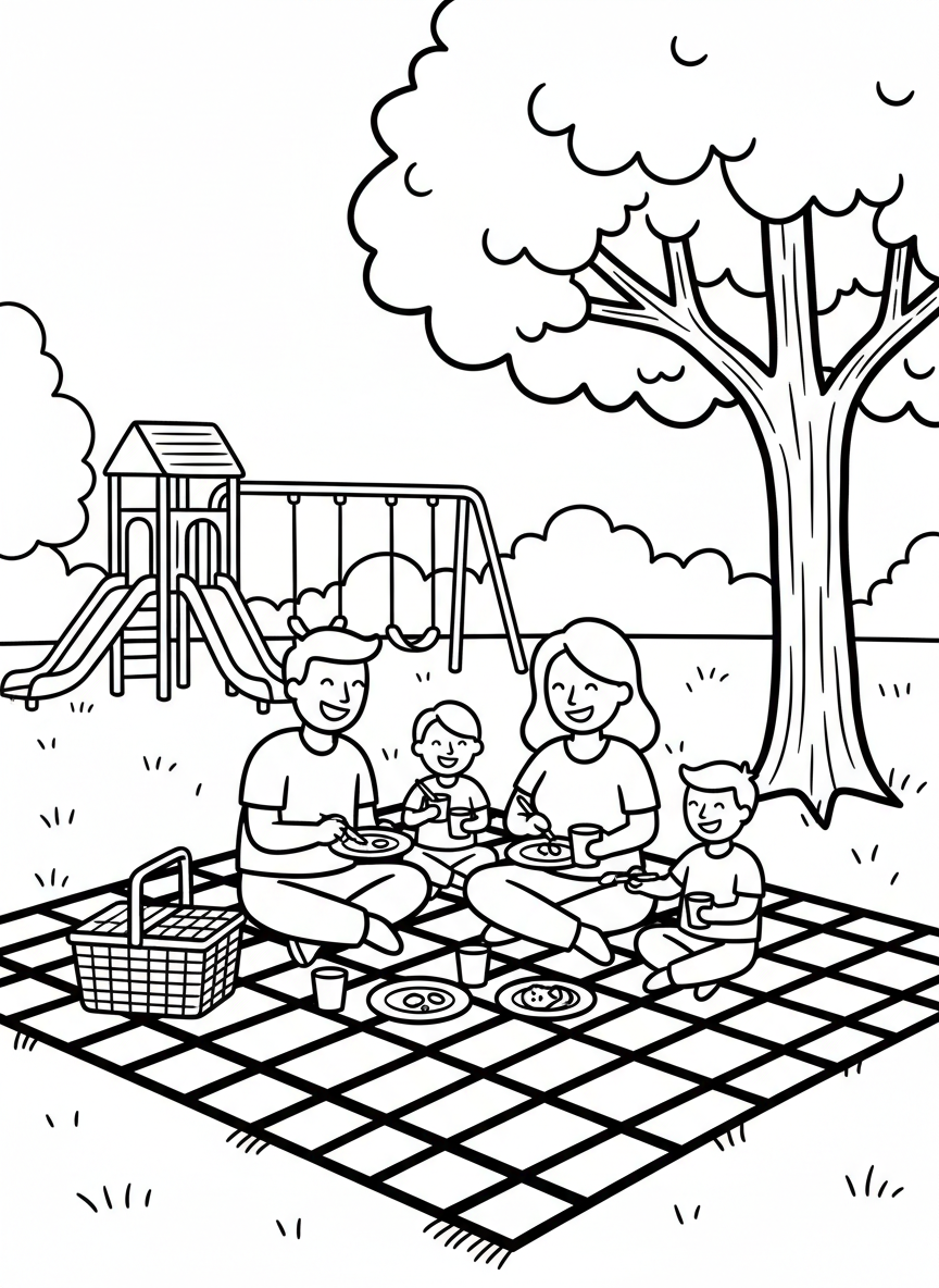 A family having a picnic in Goodale Park with a blanket, picnic basket, trees, and playground equipment in the background