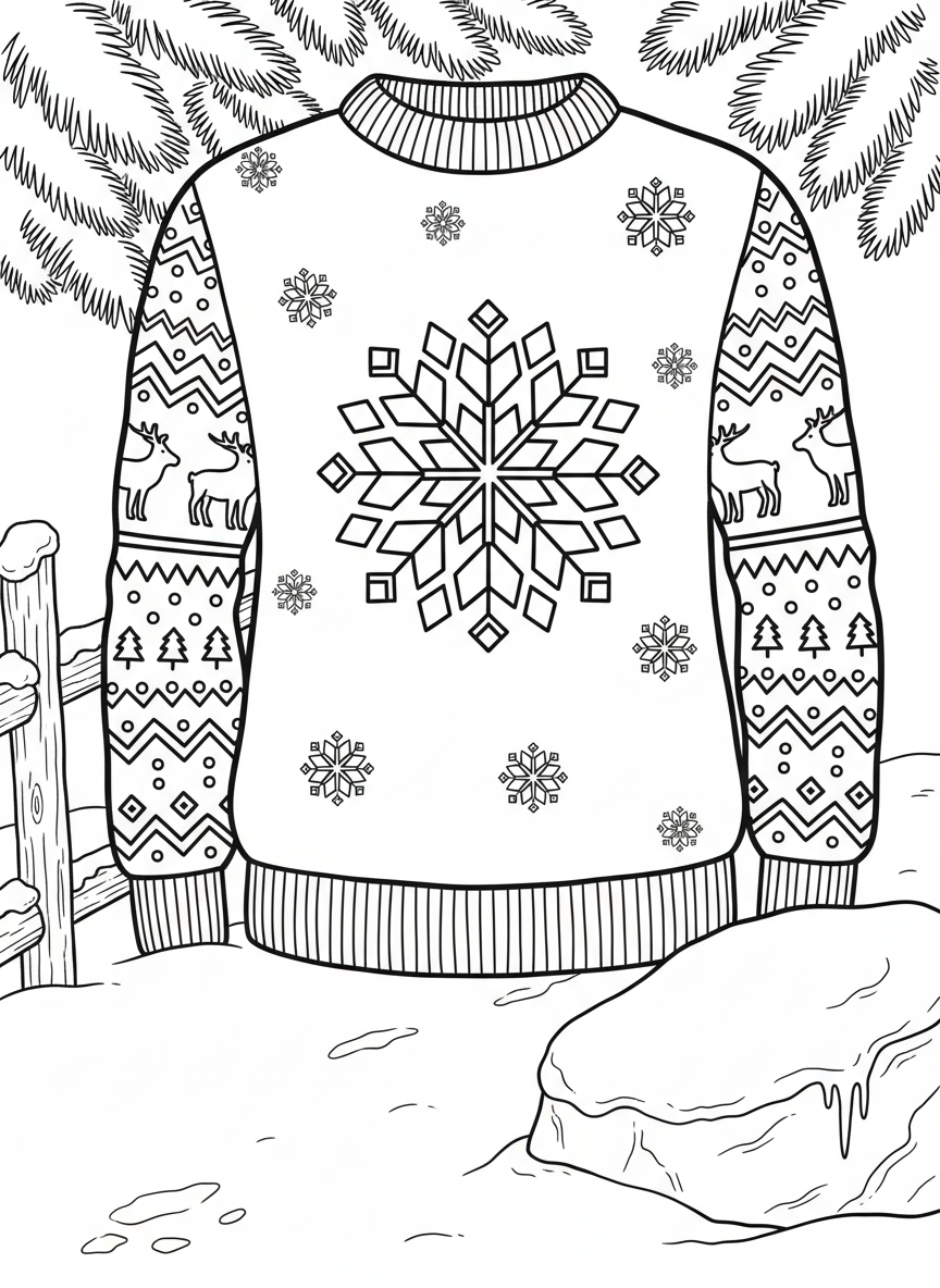 A festive sweater featuring a big snowflake mandala design in the center, with smaller snowflakes and geometric Nordic patterns on the sleeves.