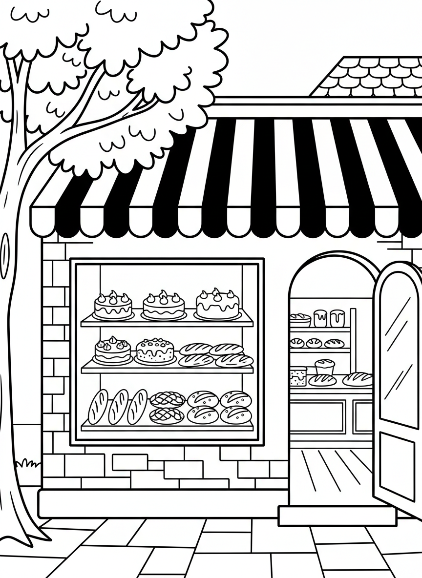 A bakery storefront with a striped awning, display window showing cakes and bread, and a welcoming open door