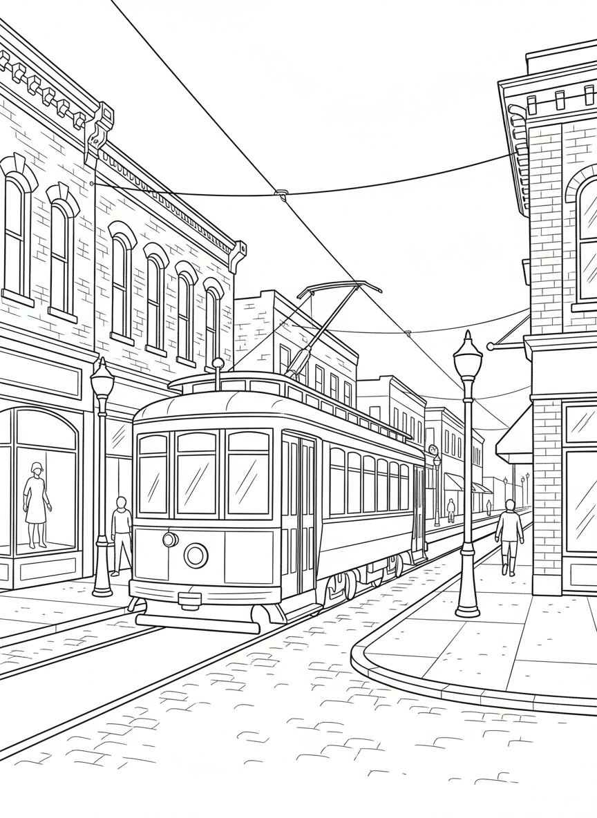 A vintage trolley car traveling through downtown Dallas streets with storefronts and lamp posts, nostalgic city scene