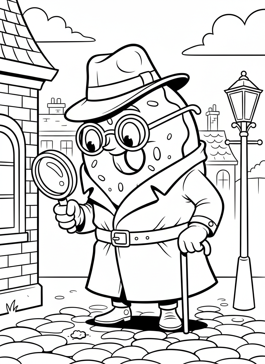 A donut detective with a magnifying glass searching for clues, wearing a detective hat and trench coat