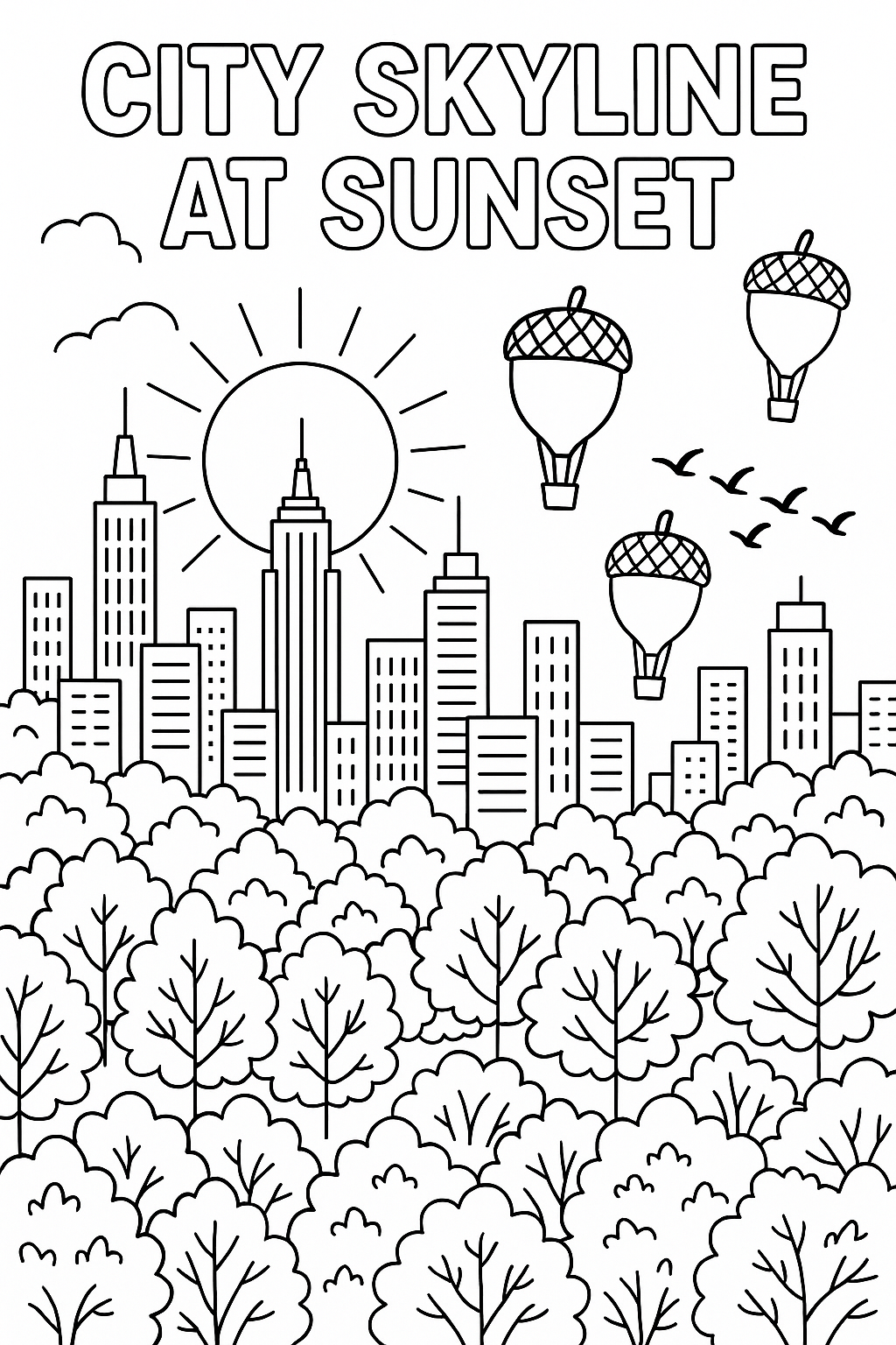 City skyline at sunset with fall colors, central park with trees in autumn glory, hot air balloons shaped like acorns floating between skyscrapers, birds migrating south