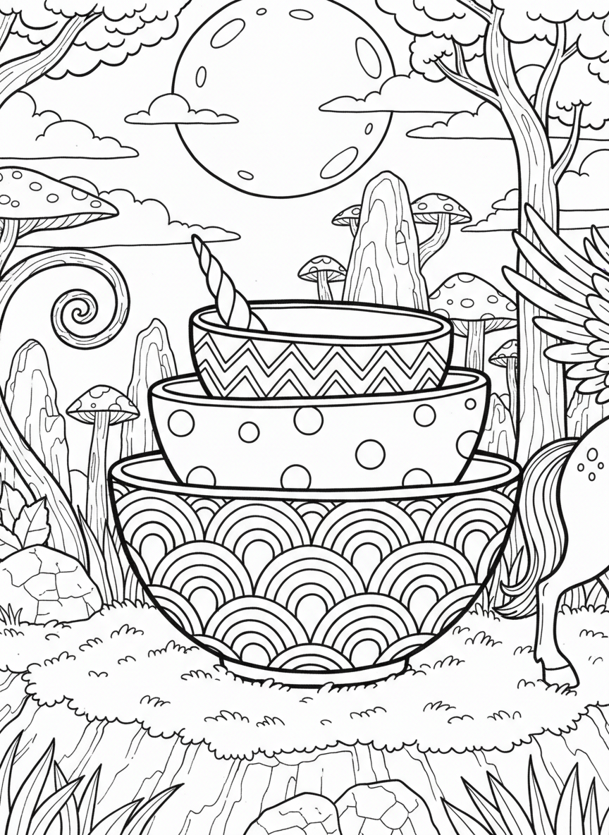 A set of three stacking unicorn bowls, each with different pattern details like waves, dots, and zigzags