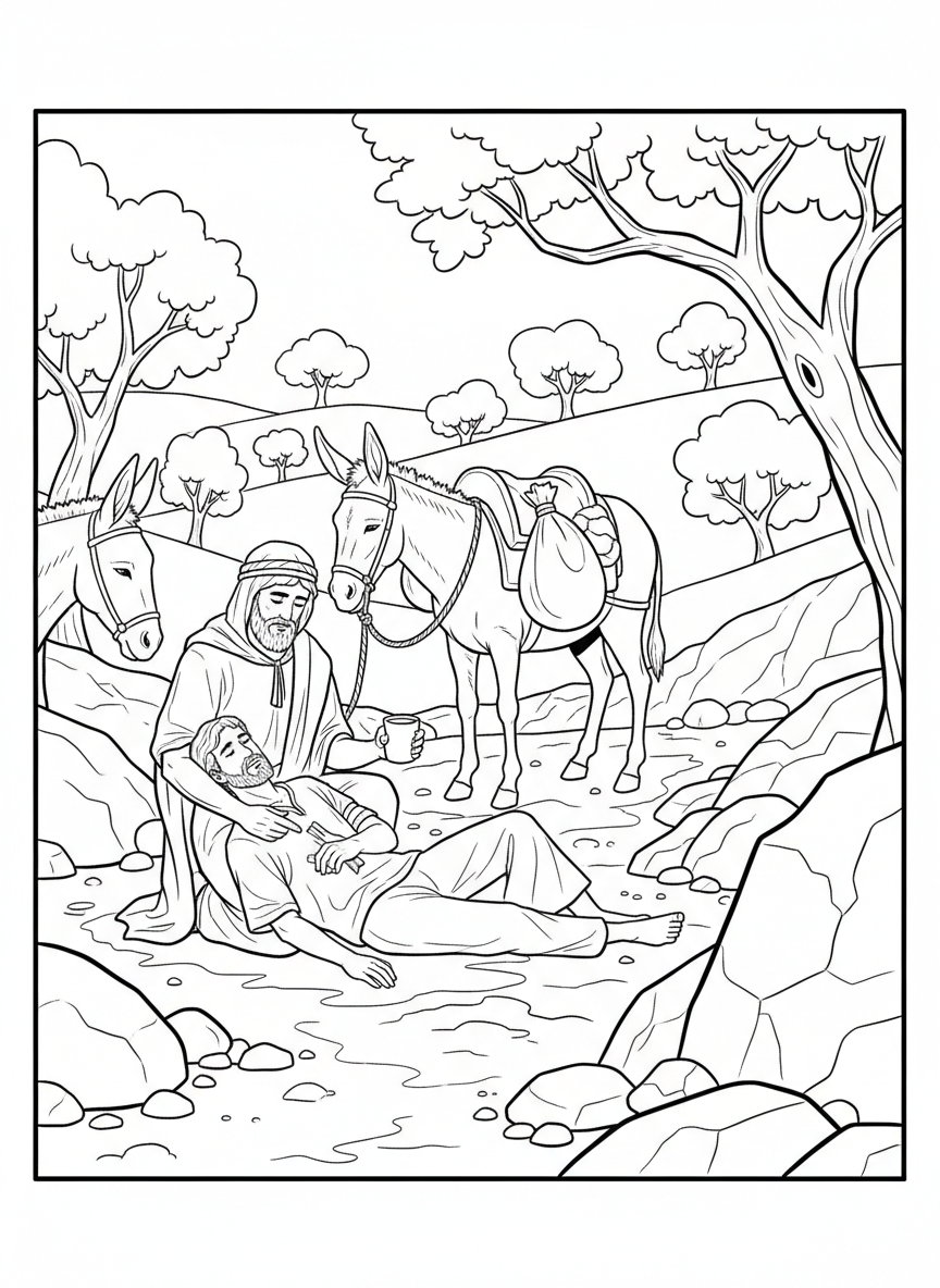 The Good Samaritan helping an injured traveler on a road with a donkey nearby