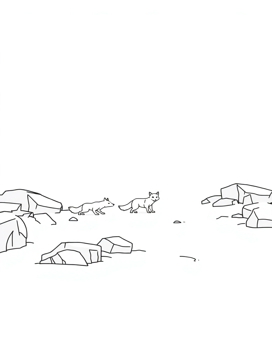 A snowy tundra with arctic foxes moving between icy rocks while wind sweeps snow across the ground.