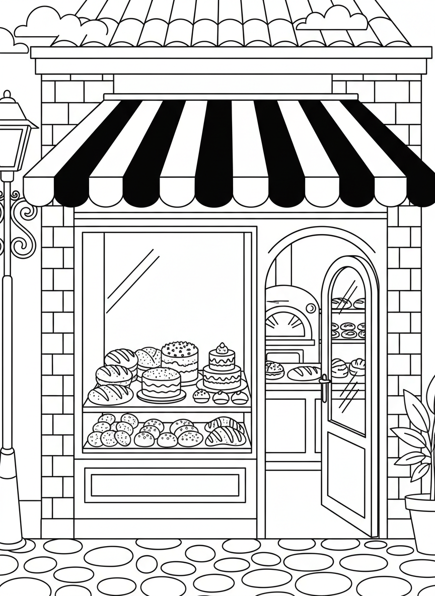 A bakery storefront with a striped awning, display window showing cakes and bread, and a welcoming open door