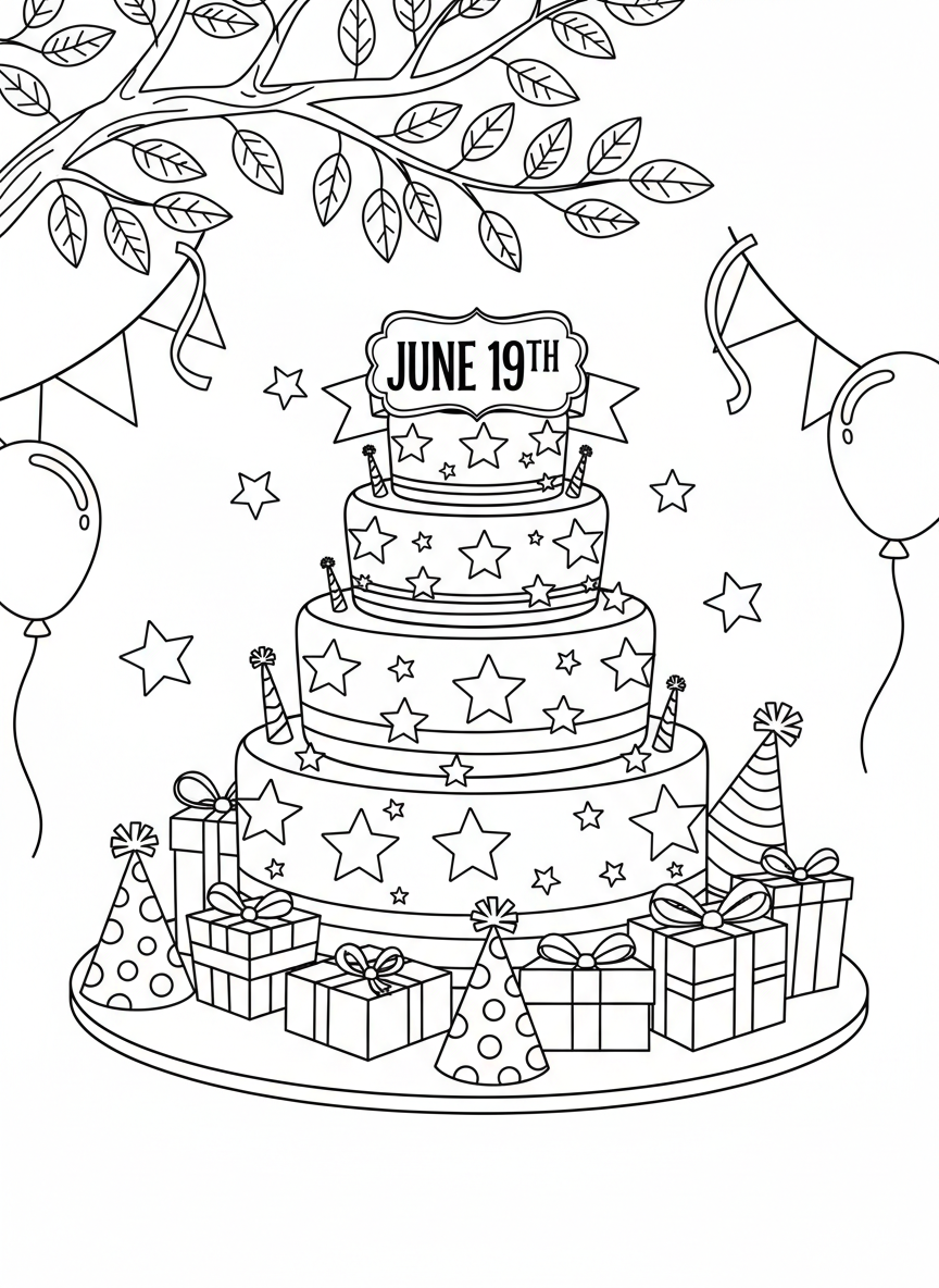 A large birthday cake decorated with stars and the date June 19th on top, surrounded by party hats and presents, celebration theme